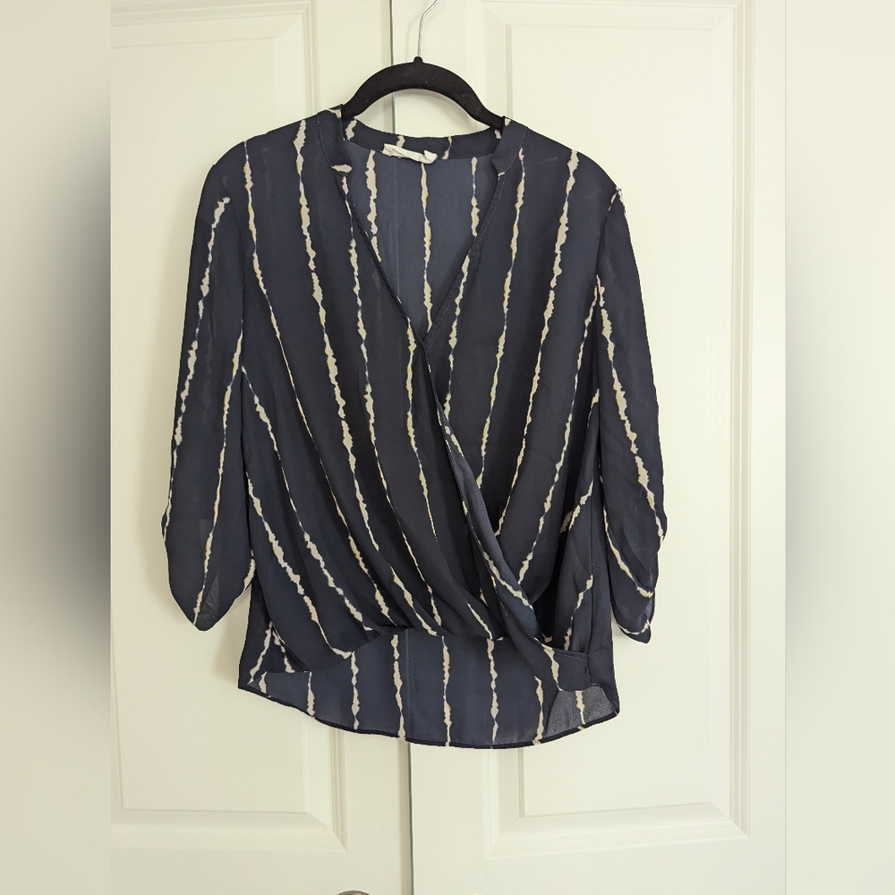 Navy White roll tab blouse